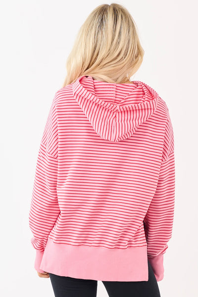 Pink Stripe Thumbhole Side Slit Hoodie