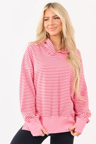 Pink Stripe Thumbhole Side Slit Hoodie