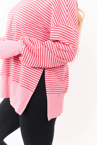 Pink Stripe Thumbhole Side Slit Hoodie