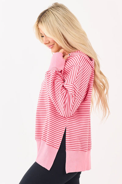 Pink Stripe Thumbhole Side Slit Hoodie