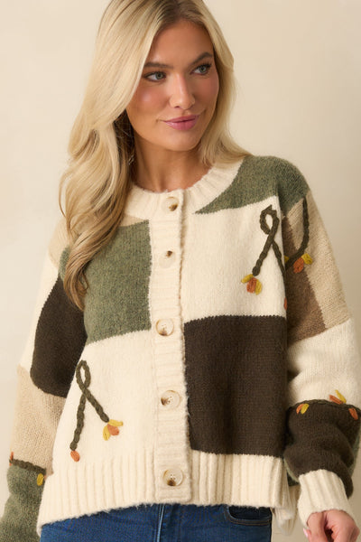 Olive Checkered Embroidered Knit Cardigan