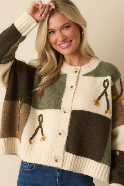 Olive Checkered Embroidered Knit Cardigan