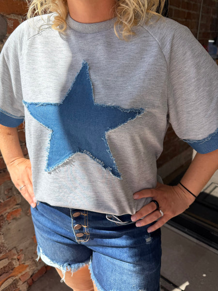 Heather Grey Denim Star Patchwork Top