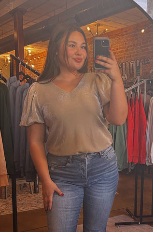 Champagne Shimmer Puff Sleeve Bodysuit