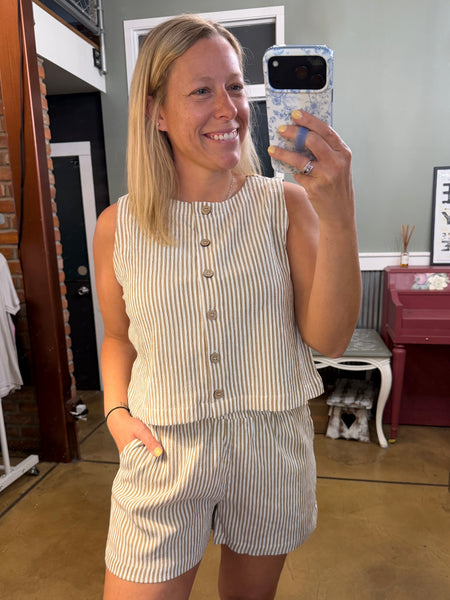 Mocha Stripe Sleeveless Button Down Top