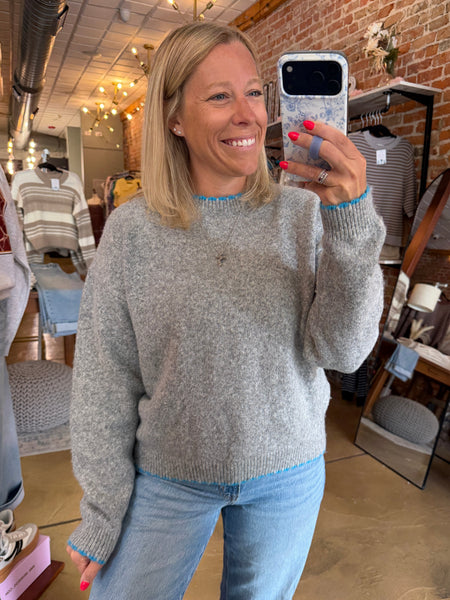 Grey & Aqua Scalloped Edge Sweater