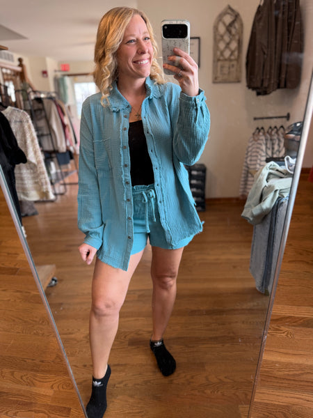 Dusty Teal Linen Shorts