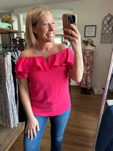 Hot Pink Off Shoulder Flutter Blouse
