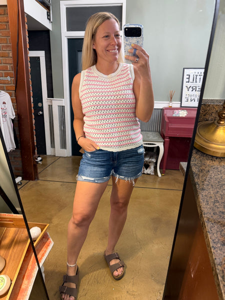 Pink Stripe Crochet Sleeveless Sweater