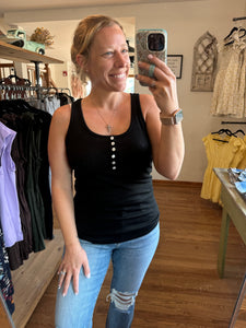 Black Ribbed Button Tank Top