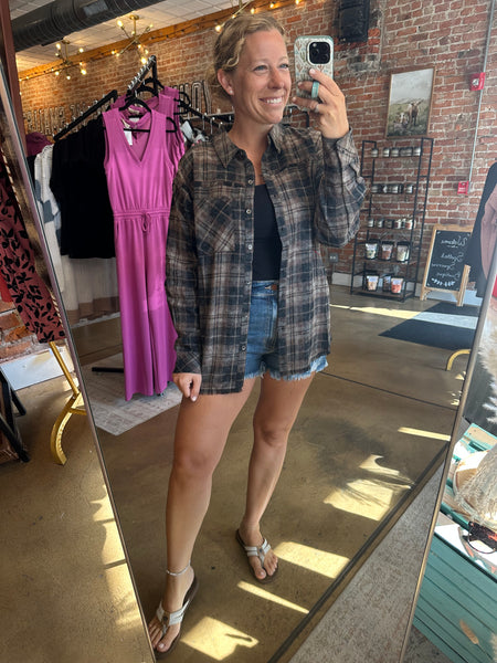 Black & Brown Plaid Frayed Hem Flannel