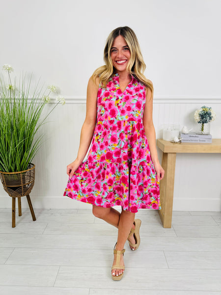 Aqua & Pink Floral Comfort Stretch Tiered Lizzy Dress