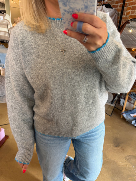 Grey & Aqua Scalloped Edge Sweater