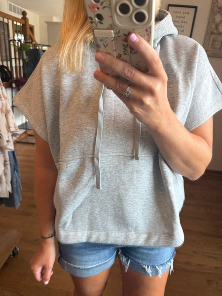 Heather Grey Drawstring Bottom Short Sleeve Hoodie