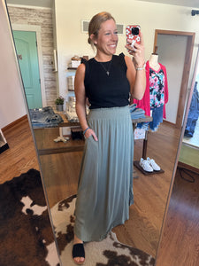 High Rise Smocked Maxi Skirt in Olive