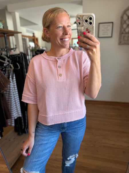 Pink Raw Edge Short Sleeve Henley Top
