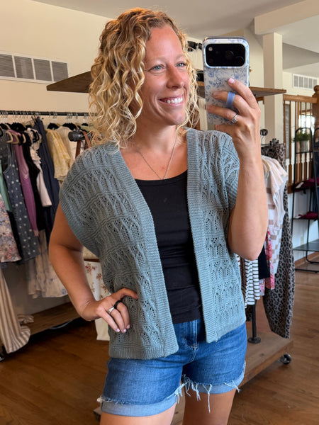 Teal Crochet Knit Short Sleeve Open Front Cardigan