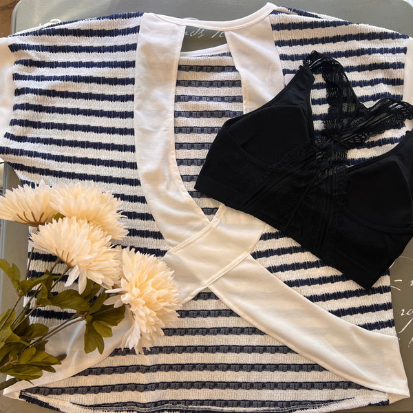 Navy Striped Open Back Knit Top