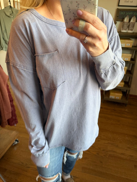Dusty Indigo Oversized Washed Long Sleeve Pocket Tee