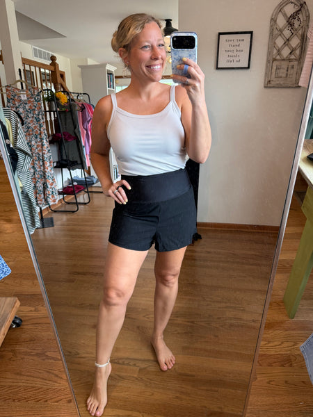 Black Wide Waistband Shorts + Pockets