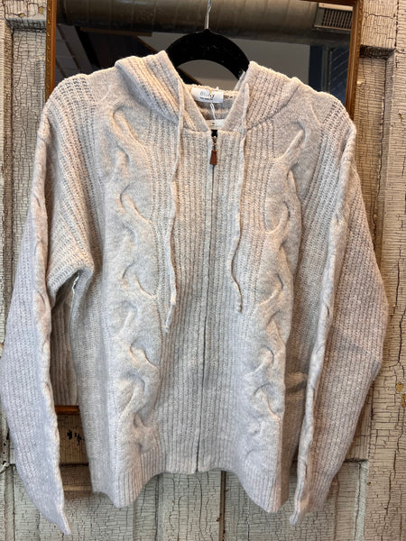 Oatmeal Zip-Up Cable Knit Sweater Cardigan With Hood