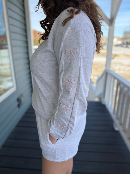 Heather Gray Bow Embroidered Sweatshirt & Shorts Set