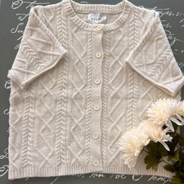 Beige Cable Knit Short Sleeve Sweater Cardigan