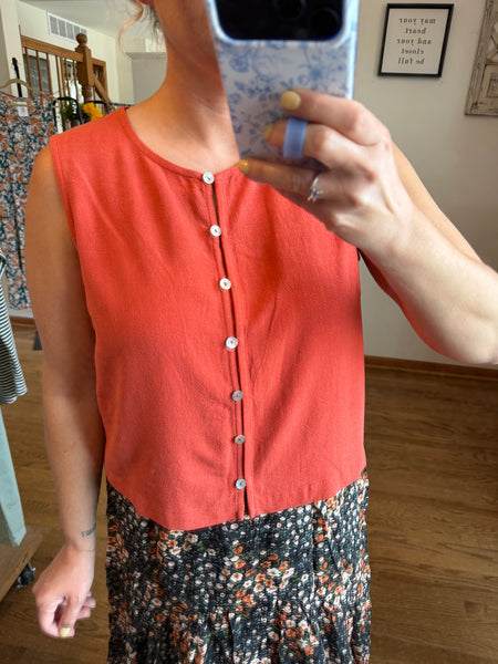 Coral Button Front Cropped Tank Top