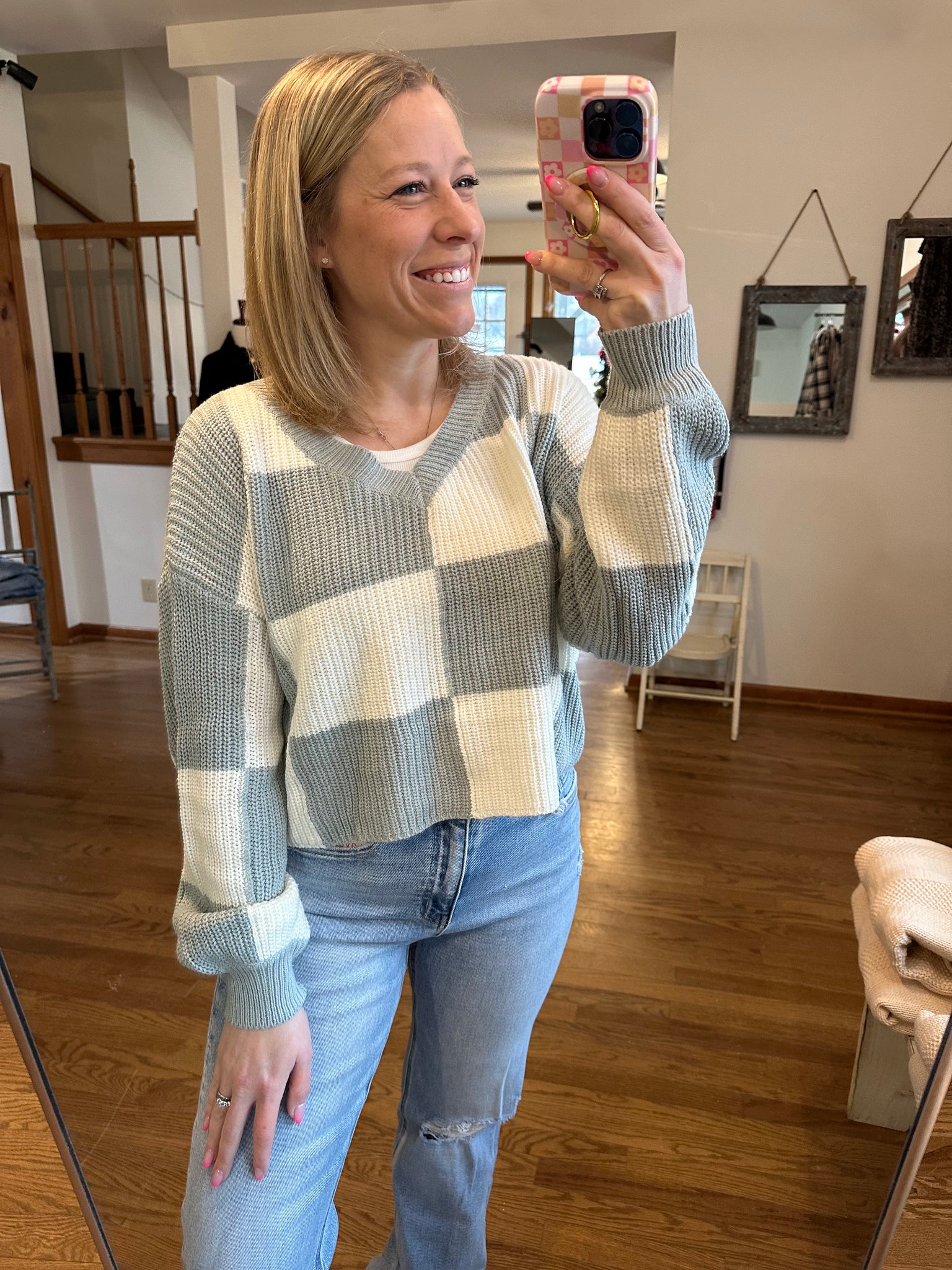 Cropped Dusty Mint Checkered V-Knit Sweater