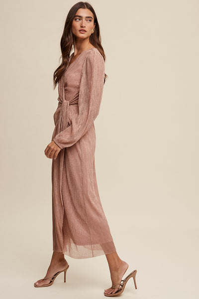Wrap Style Glitter Maxi Dress in Rose Gold
