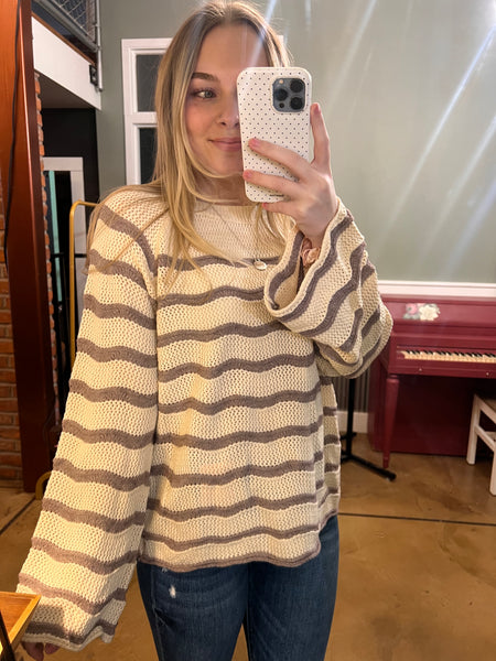 Cream & Lavender Striped Bell Sleeve Sweater