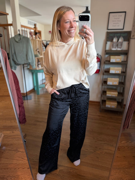 Black Leopard Print Wide-Leg Drawstring Pants