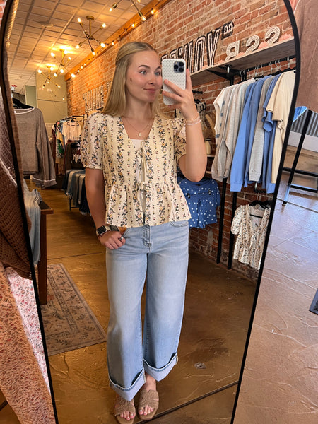 Ivory Floral Tie Front Blouse