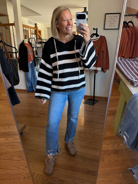 Black & Ivory Striped Oversized Chenille Hooded Sweater