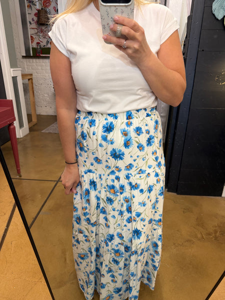 Blue Sunflower Tiered Maxi Skirt
