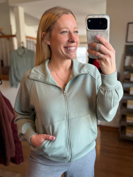 Sage Green High Neck Long Sleeve Zippered Jacket