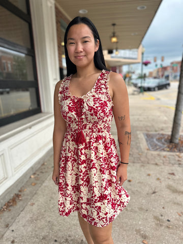 Cream & Red Floral Cinched Waist Woven Dress