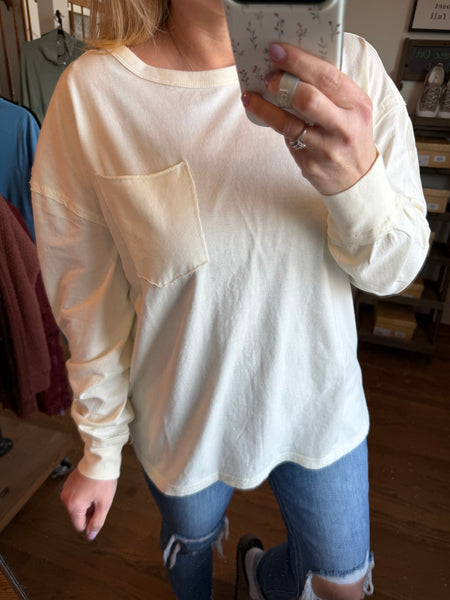Cream Oversized Washed Long Sleeve Pocket Tee