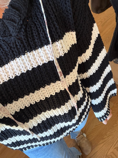 Black & Ivory Striped Oversized Chenille Hooded Sweater