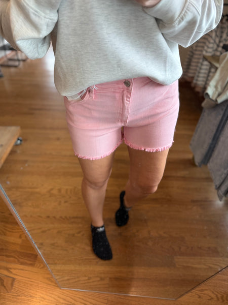 Zenana Ash Pink Acid Wash Frayed Hem Shorts