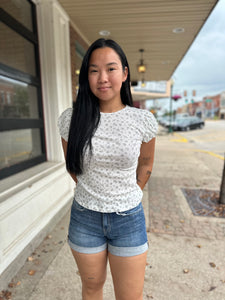 Ivory Floral Knit Puff Cap Sleeve Tee