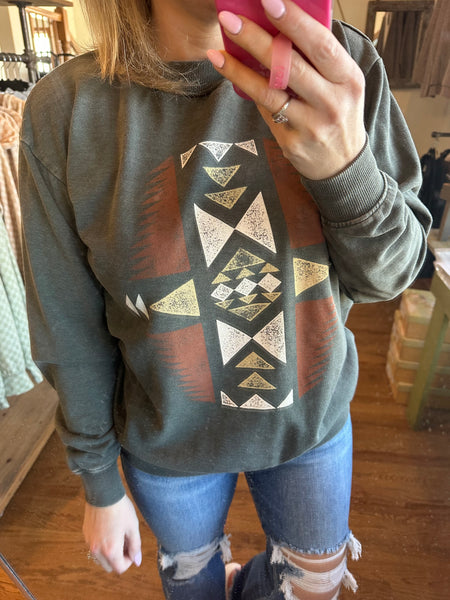 Olive Aztec Mineral Wash Graphic Sweatshirt