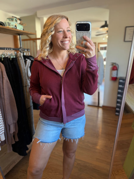 Burgundy Waffle Full Zip Hooded Sweatshirt