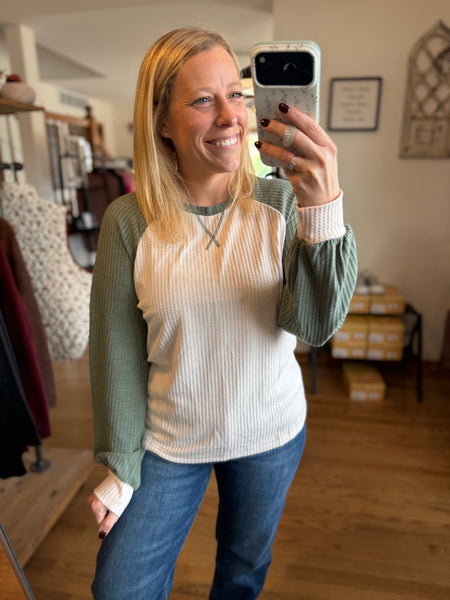 Olive & Oatmeal Waffle Color-Block Raglan