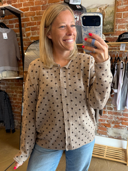 Polka Dot Button Down Raw Edge Knit Cardigan