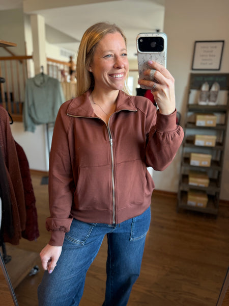 Chestnut High Neck Long Sleeve Zippered Jacket