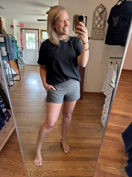 Black Olive Crossover Waist Running Shorts