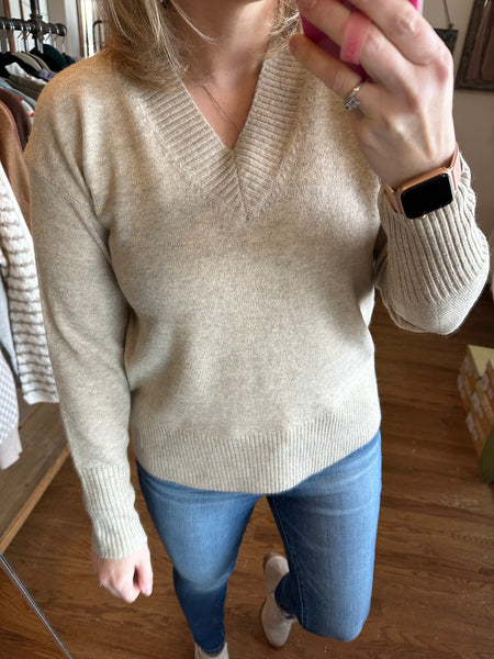 Khaki V-Neck Pullover Sweater