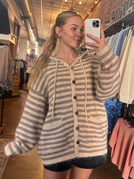 Almond Striped Hooded Ribbed Knit Cardigan