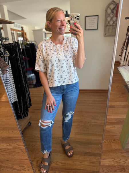 Ivory Floral Henley Short Sleeve Ribbed Top